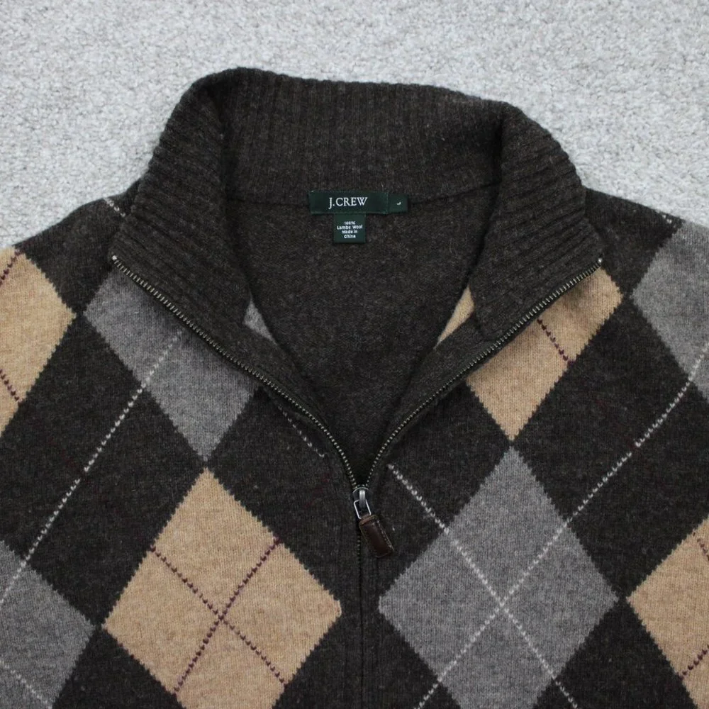 J. Crew Lambswool Sweater Mens Large‎ Brown/Tan Argyle Full Zip L/S Sweatshirt